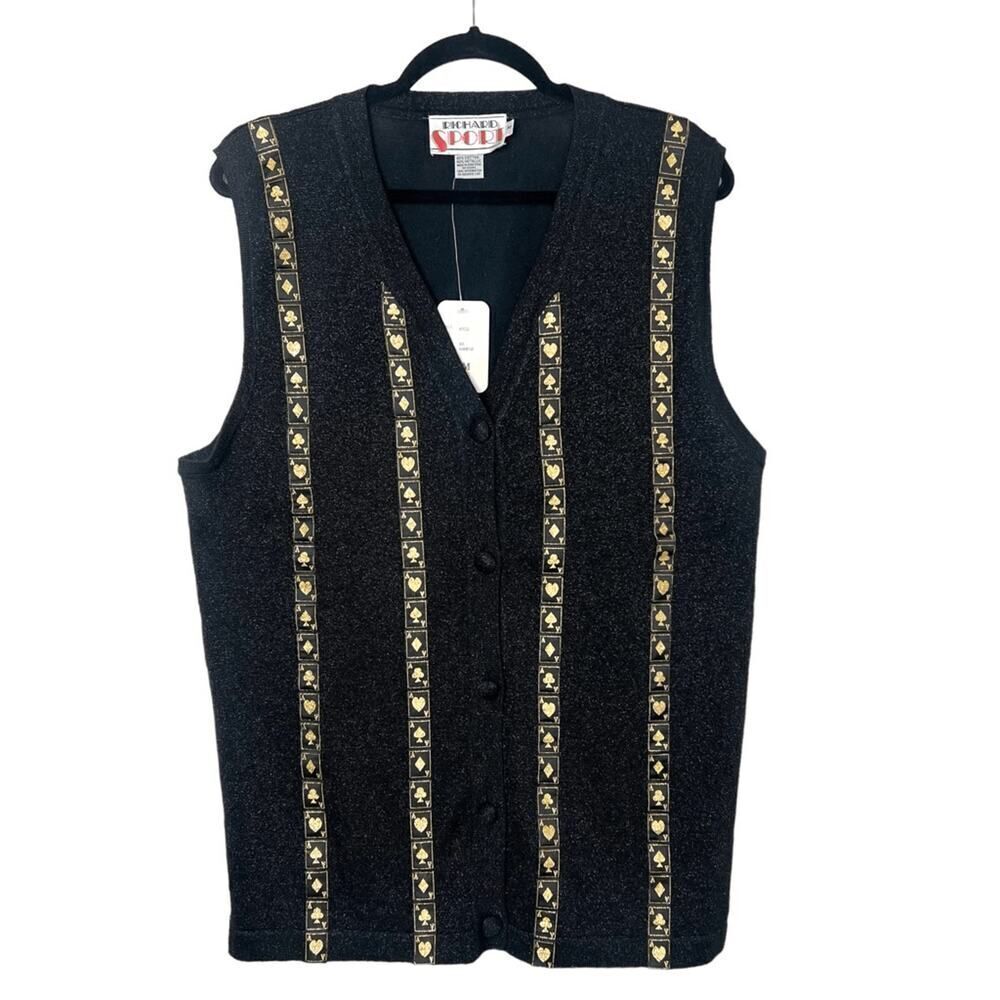 NWT Vintage Richard Sport Black & Gold Playing Card Sweater Vest Cardigan Sz M